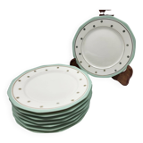 Limoges porcelain plates with green border and gold and blue flower decoration, French set of 8