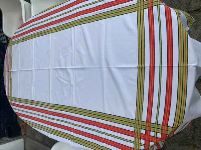 Large rectangular tablecloth with stripes on a vintage white background