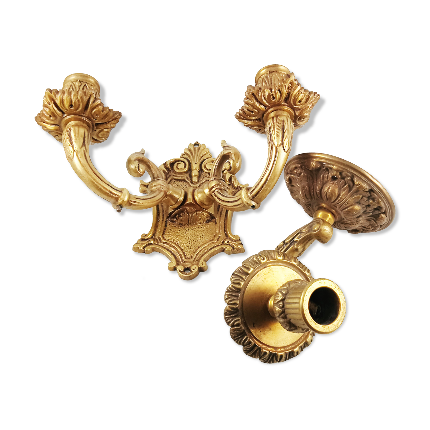 Set of 2 old candlestick sconces in bronze