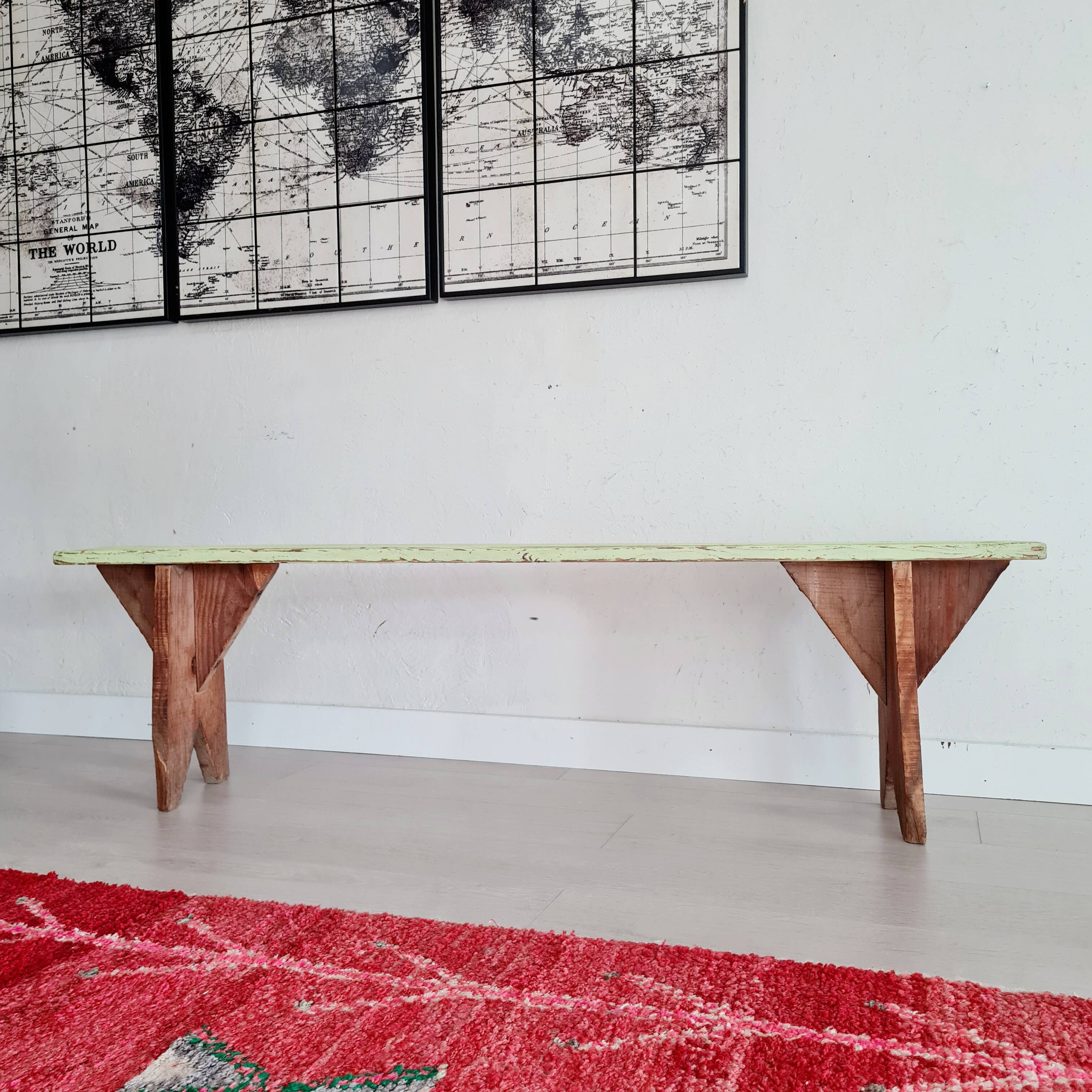 Banc de ferme ancien en bois assise verte patinée