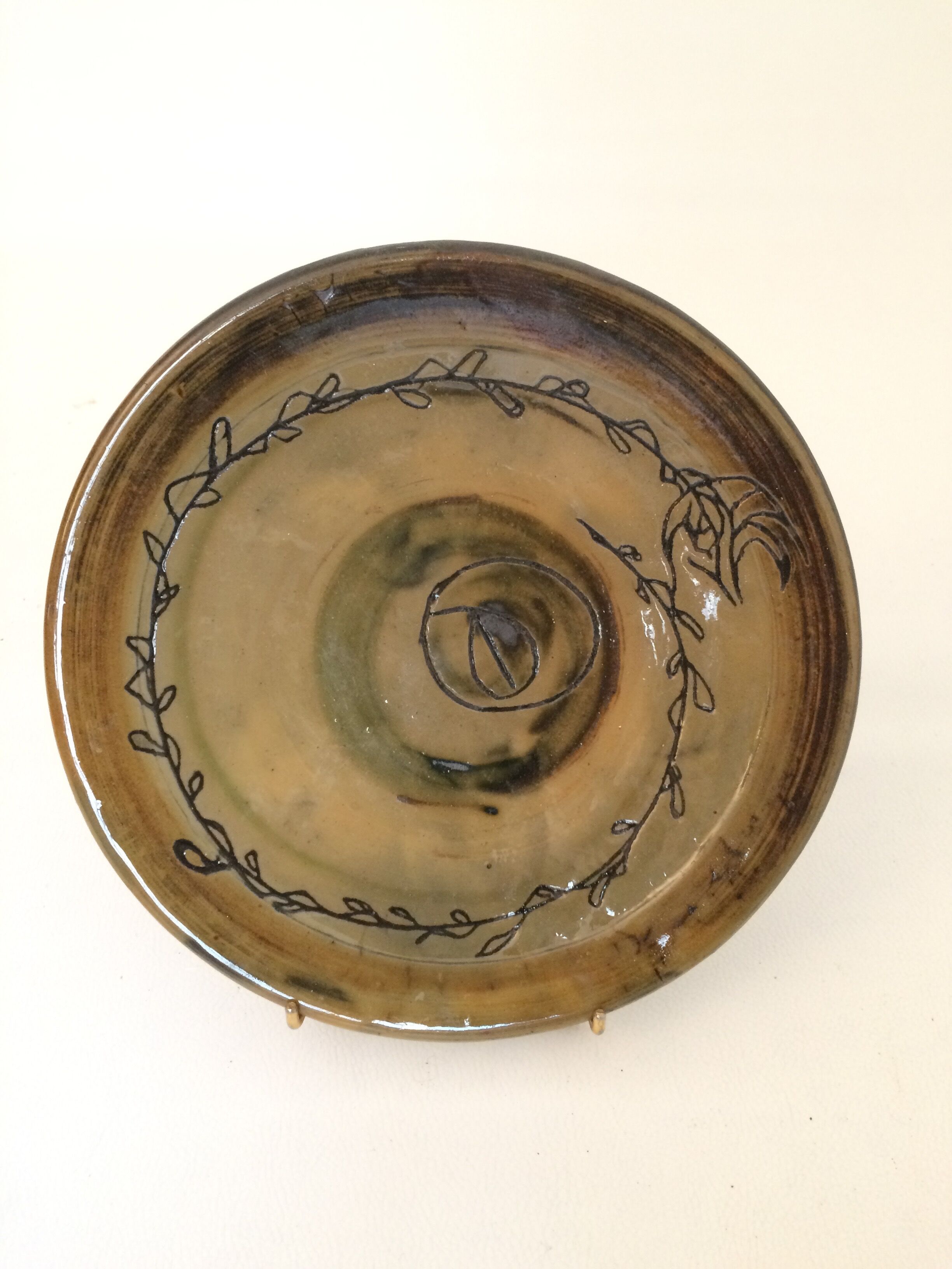 Green ceramic plate signed vintage