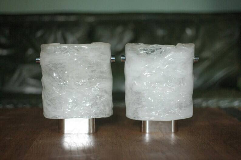 Pair of chrome wall sconces with Murano glass, wall light, art of glass, interior decoration.