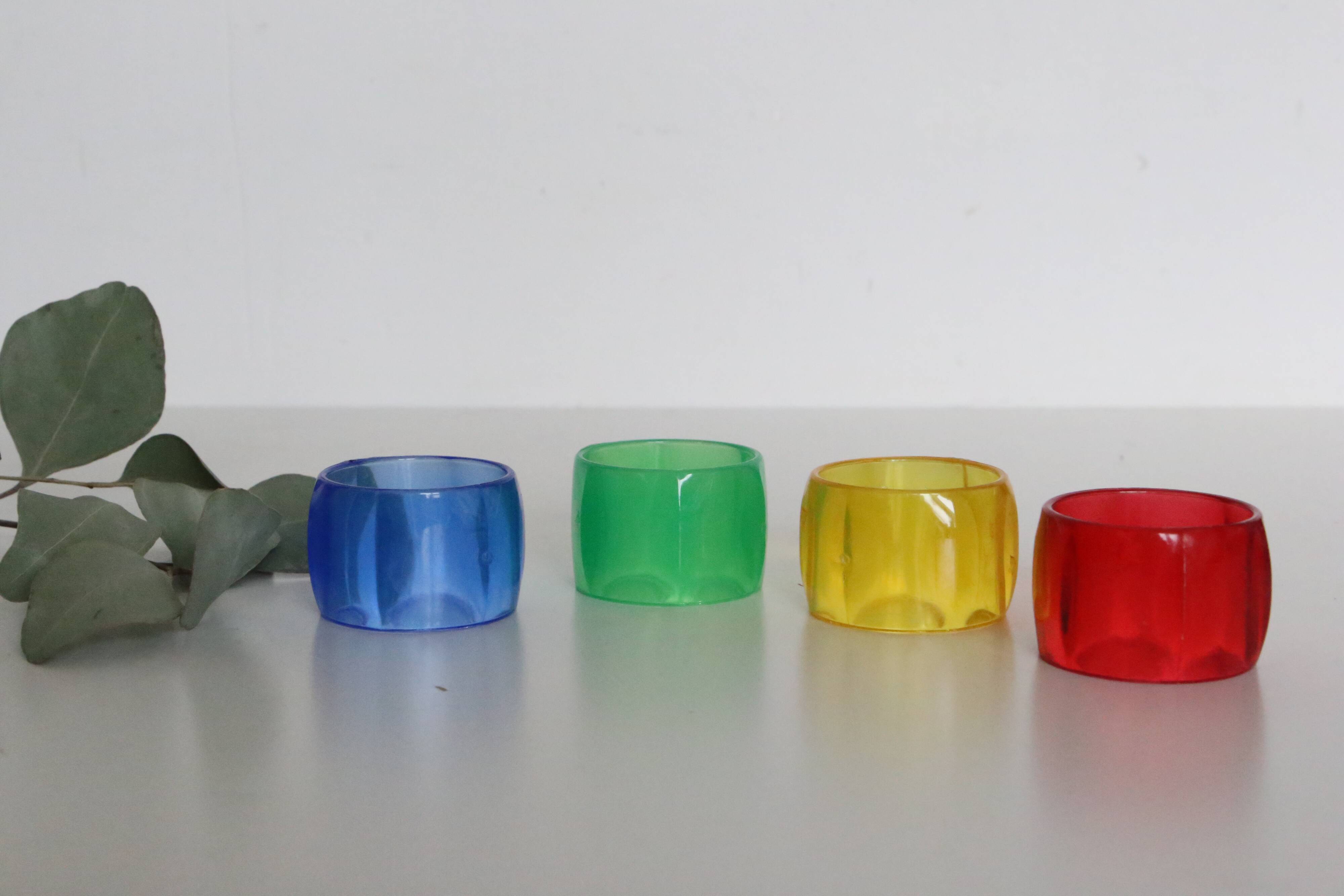 Colorful towel rings made of translucent plastic, vintage