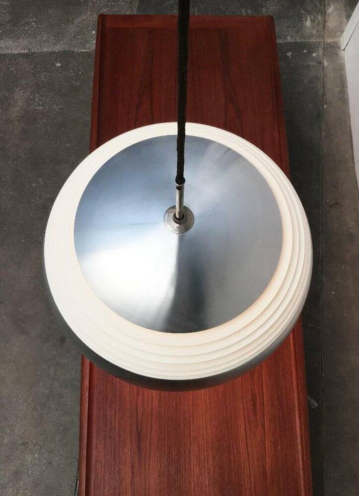 German pendant lamp in aluminium and glass from the Mid-Century space by Doria, 1960s.