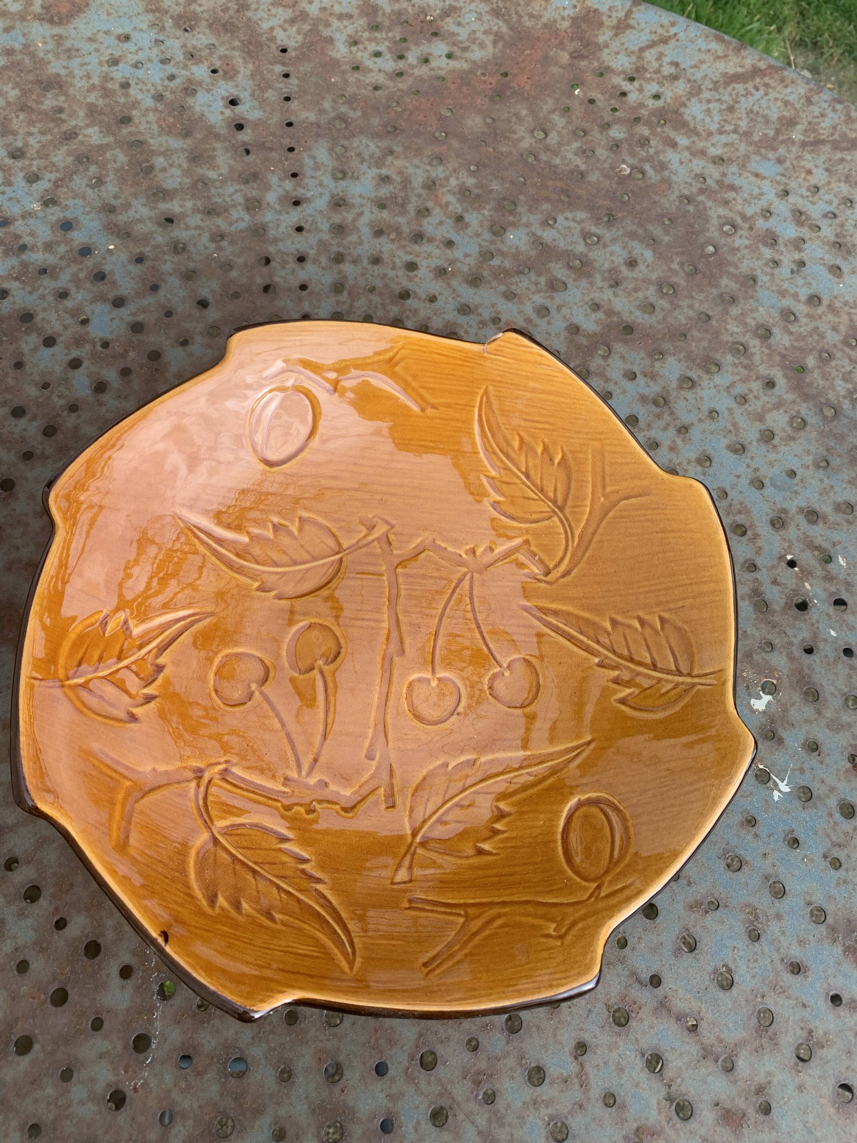 Enameled ceramic fruit bowl signed POET LAVAL, Drome France, with summer fruits