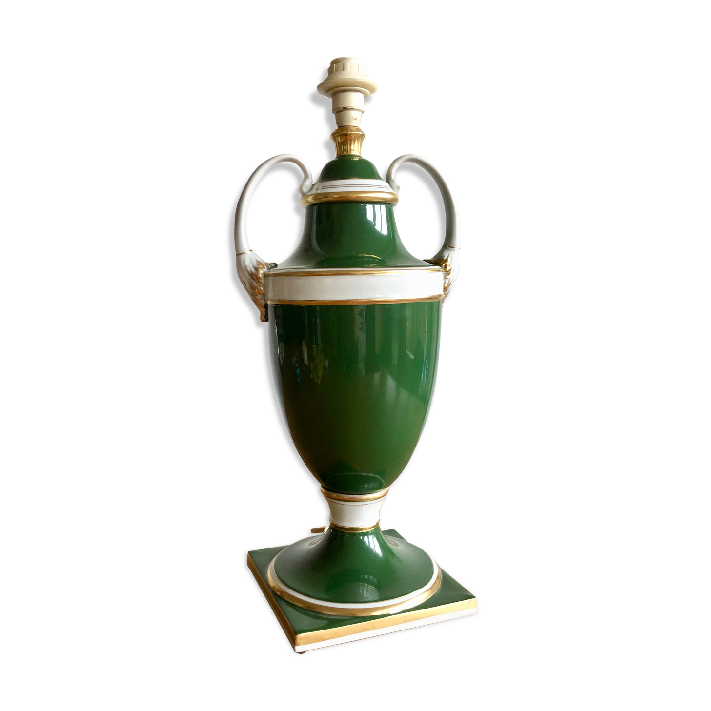 Green and gold ceramic amphora lamp foot