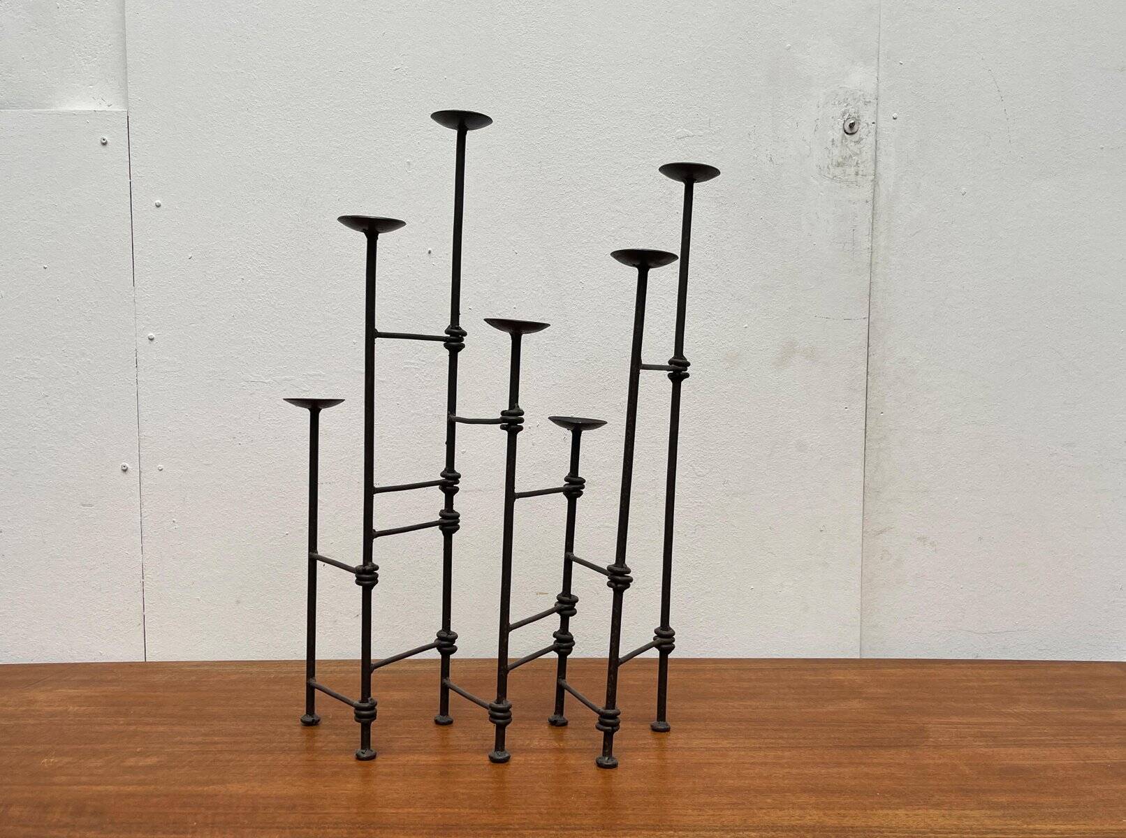 Mid-century brutalist extendable wrought iron floor chandelier, 1960s.