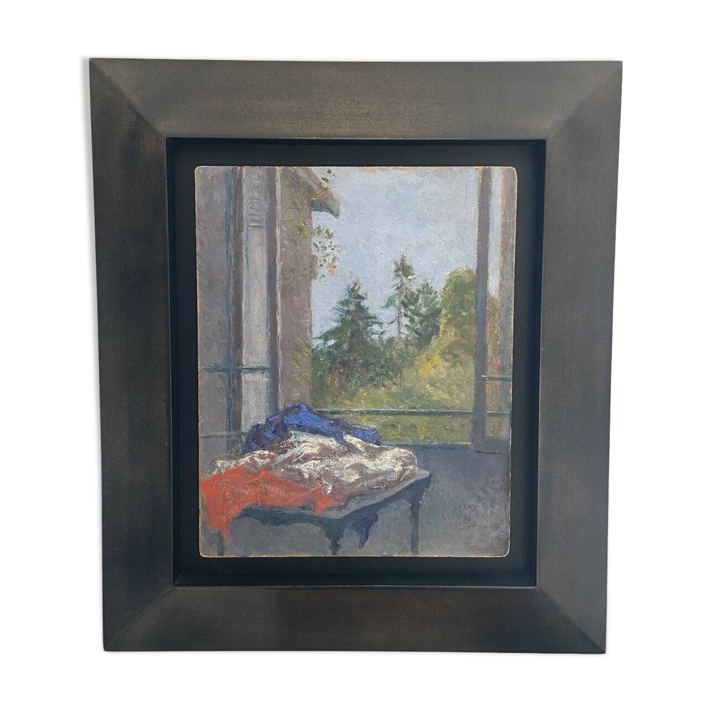 Marc Mouclier (1866-1947) The Flag at the Window, 1942 Oil on Panel Signed and Dated