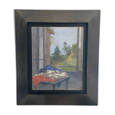 Huile sur panneau "Le Drapeau à La Fenêtre" signée Marc Mouclier (1866-1947) et daté 1942