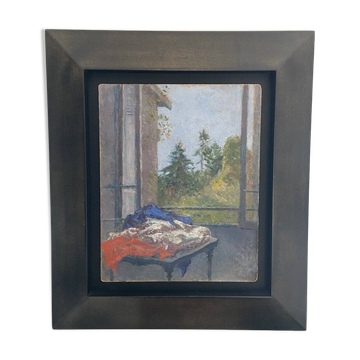 Huile sur panneau "Le Drapeau à La Fenêtre" signée Marc Mouclier (1866-1947) et daté 1942