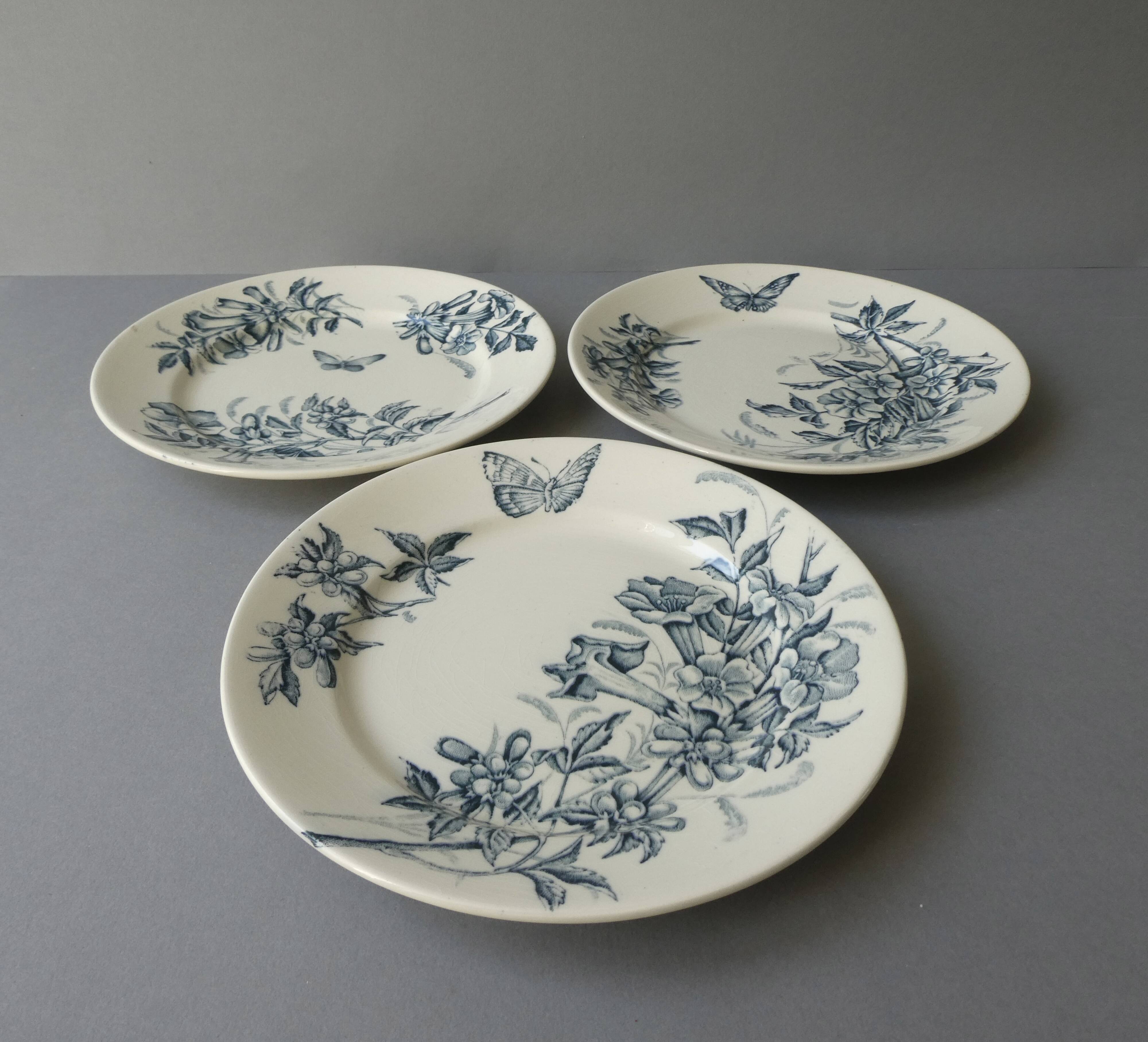 3 ironstone plates Badonviller France, flowers, butterflies