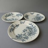 3 ironstone plates Badonviller France, flowers, butterflies