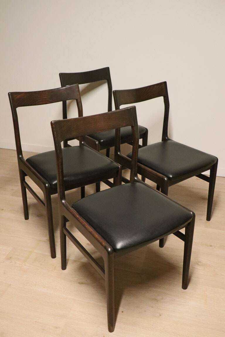 Set of 4 vintage chairs in teak and imitation leather, 1960s