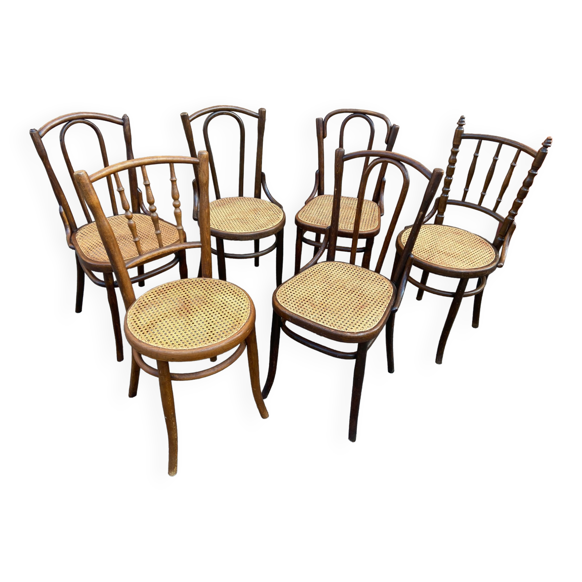 Set of 6 mismatched Viennese bistro restaurant chairs from the 1920s