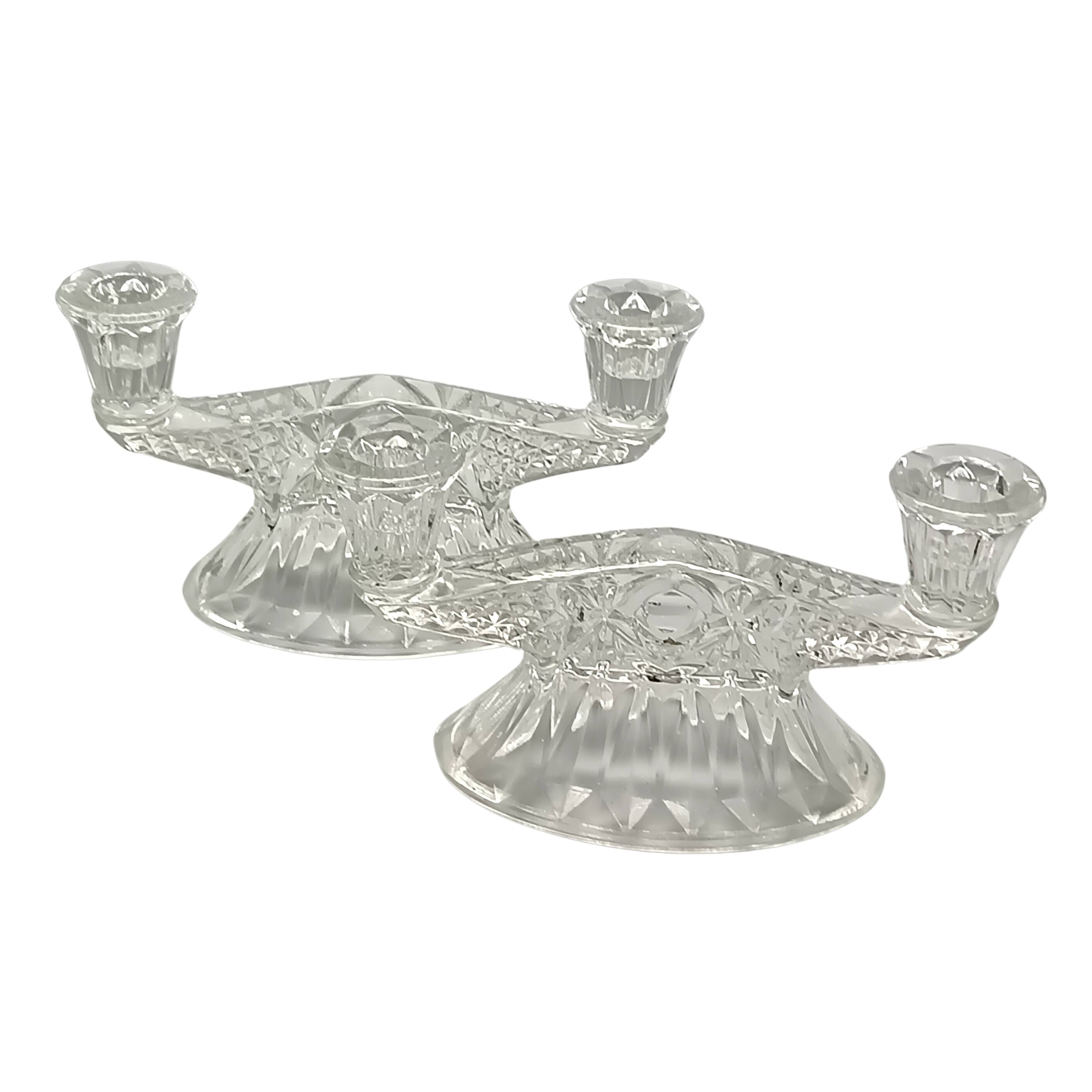 Pair of vintage clear glass candelabras, 2 branches, 1960s