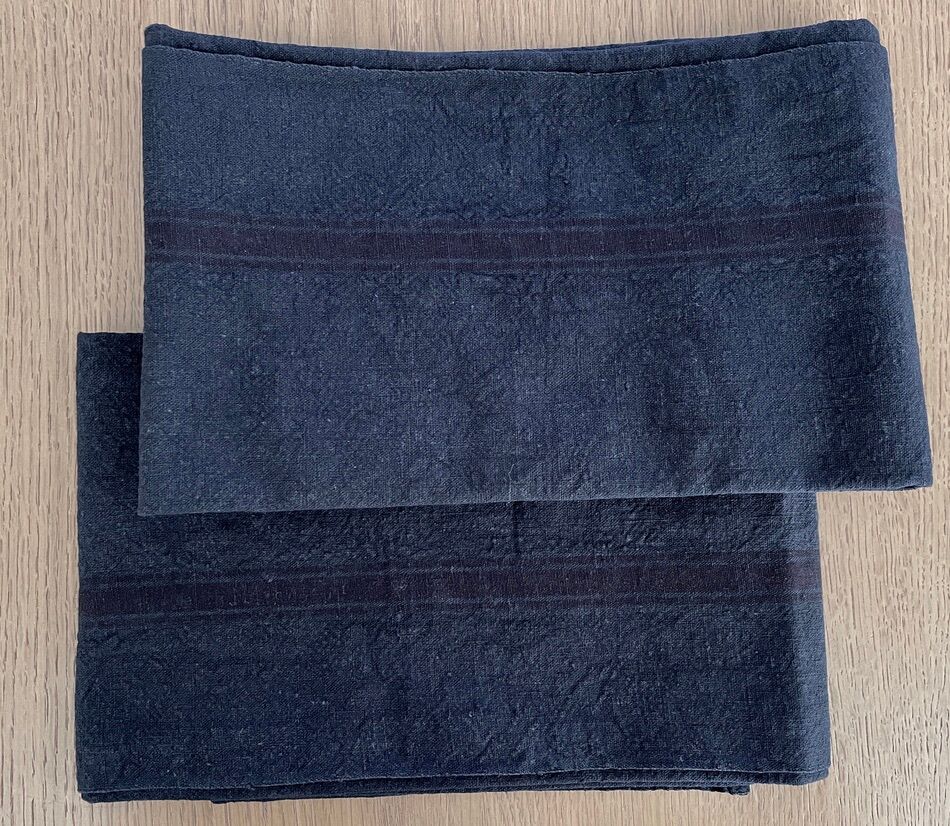 Set of 2 black dyed tea towels with red stripes - 50x75cm - linen