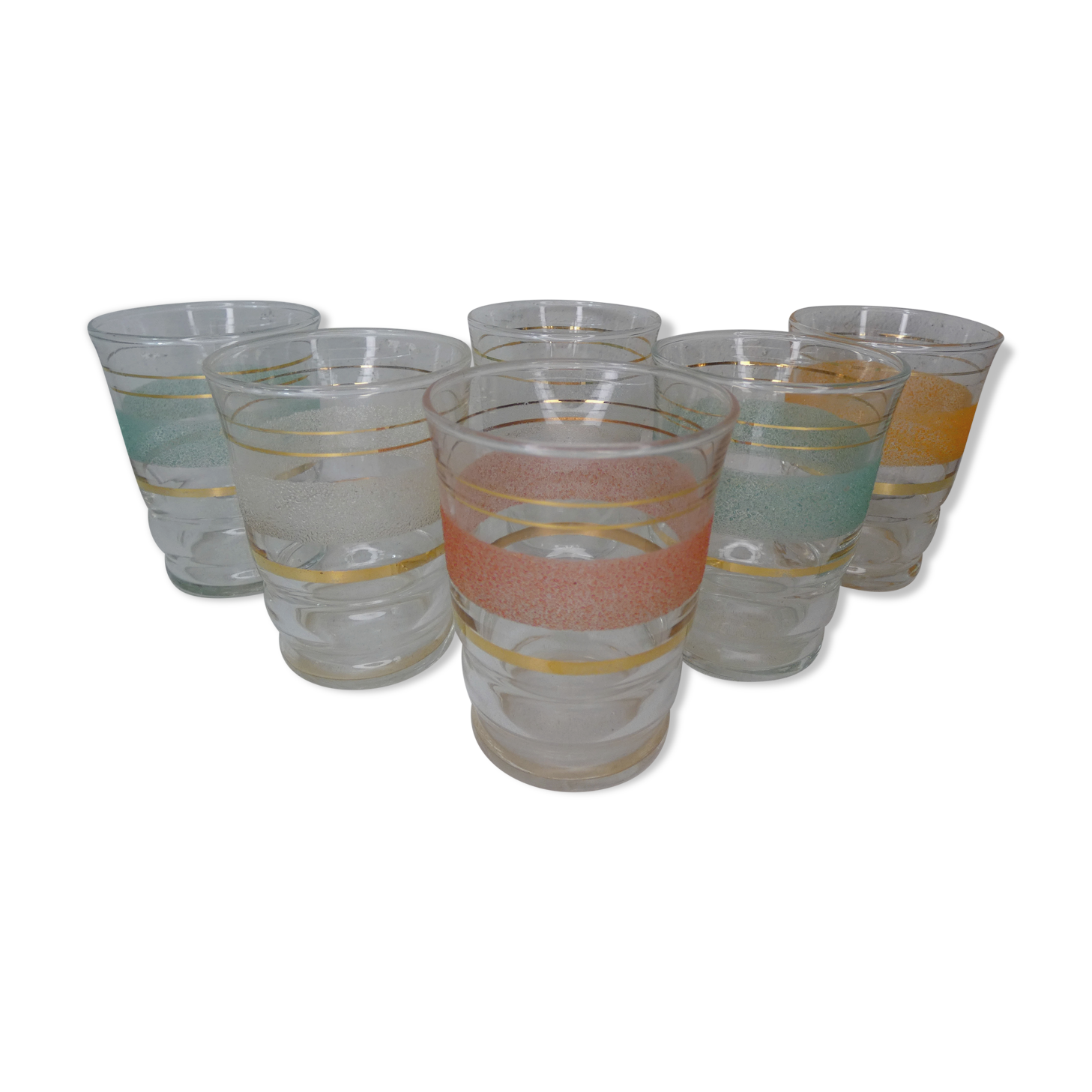 6 old granite glasses of vintage color 50s