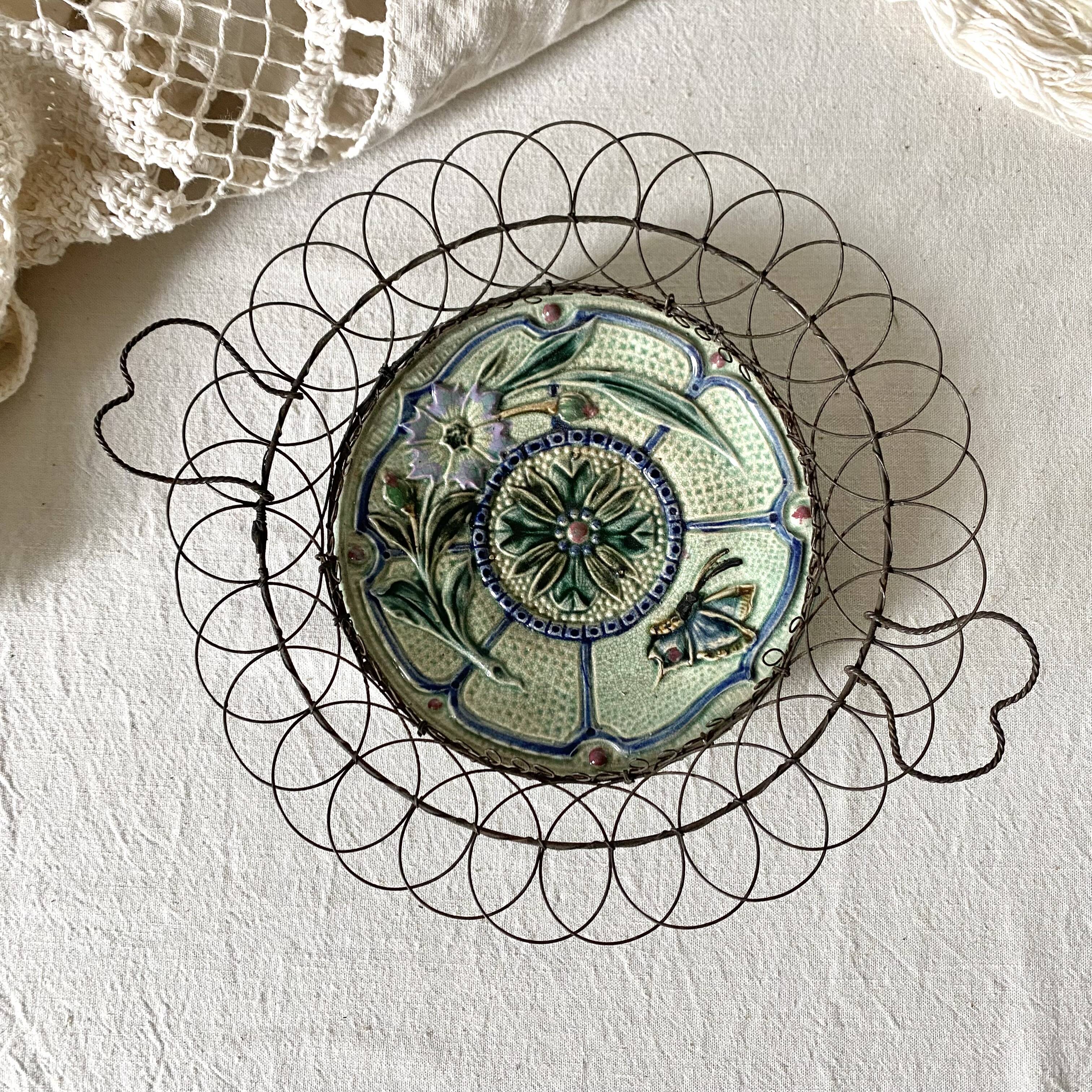 Antique barbotine and wire dish, 19th century