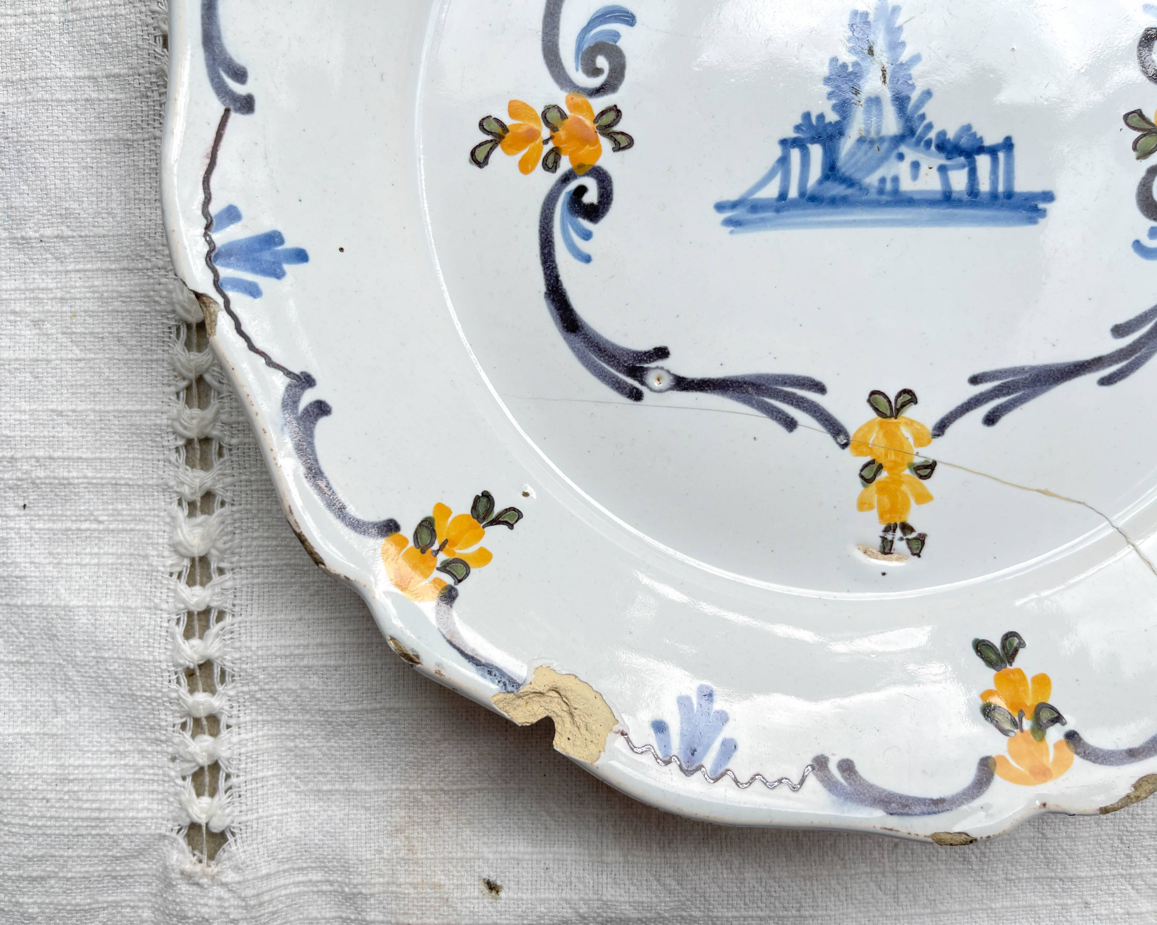 Antique French Earthenware Plate 18th Century NEVERS Landscape Motif