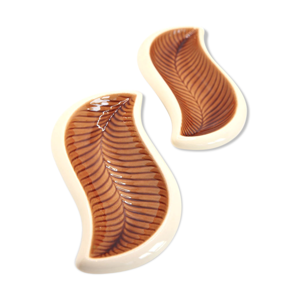 Lot de 2 raviers Verceram des années 50 façon feuilles d'automne ocre en faïence