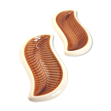 Set of 2 Verceram raviers of the 50s way autumn ocher leaves in earthenware