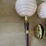 Pair of wall lights in wood, brass, and pink opaline.