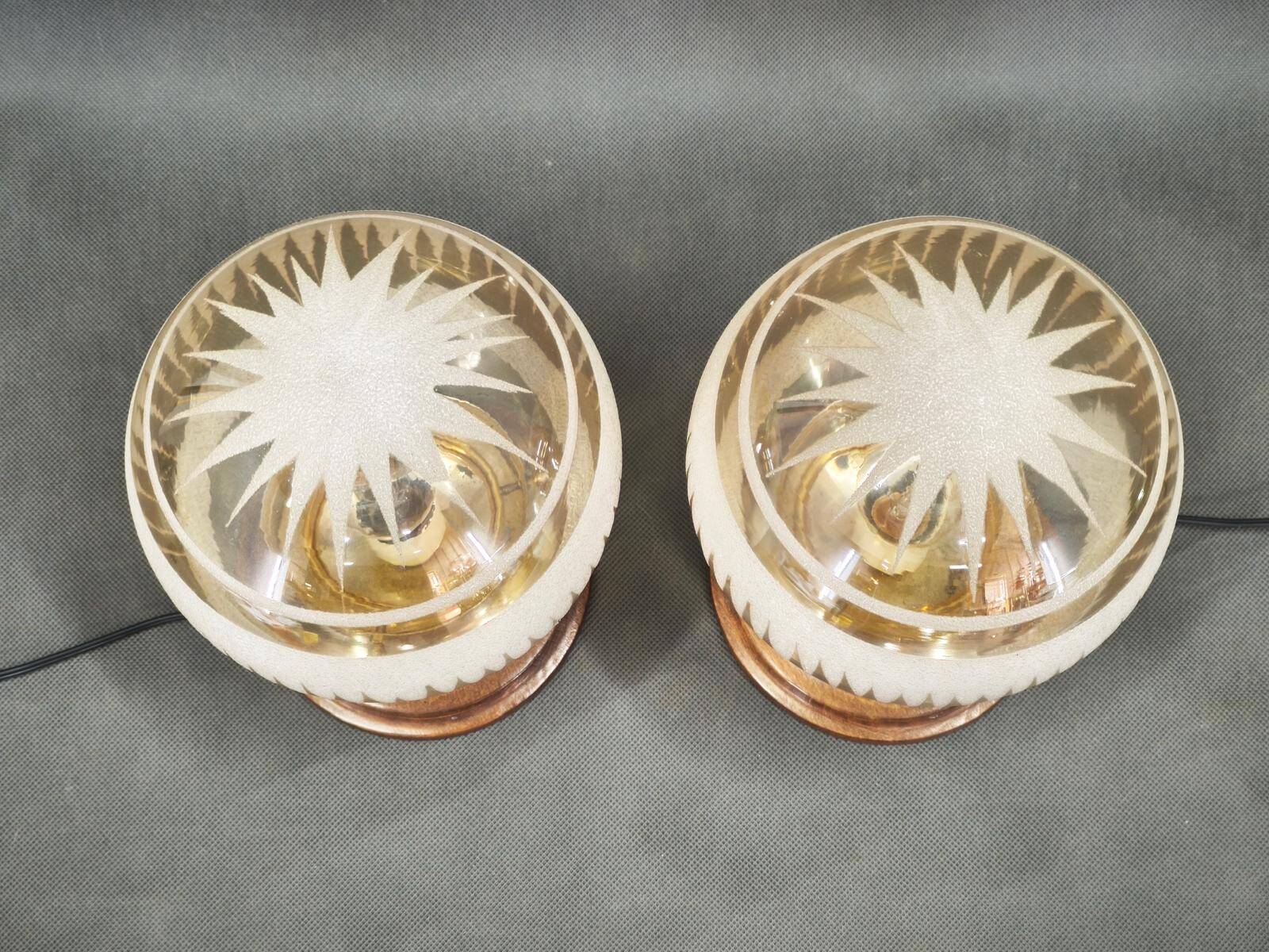 Pair of Italian Etched Glass, Chrome and Wood Table Lamps, 1950s