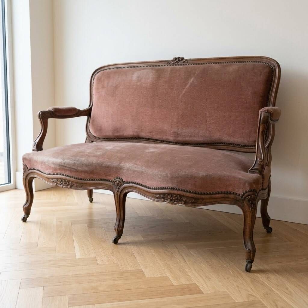 Ensemble canapé ancien en velours rose : L 173 cm × H 103 cm × P 67 cm