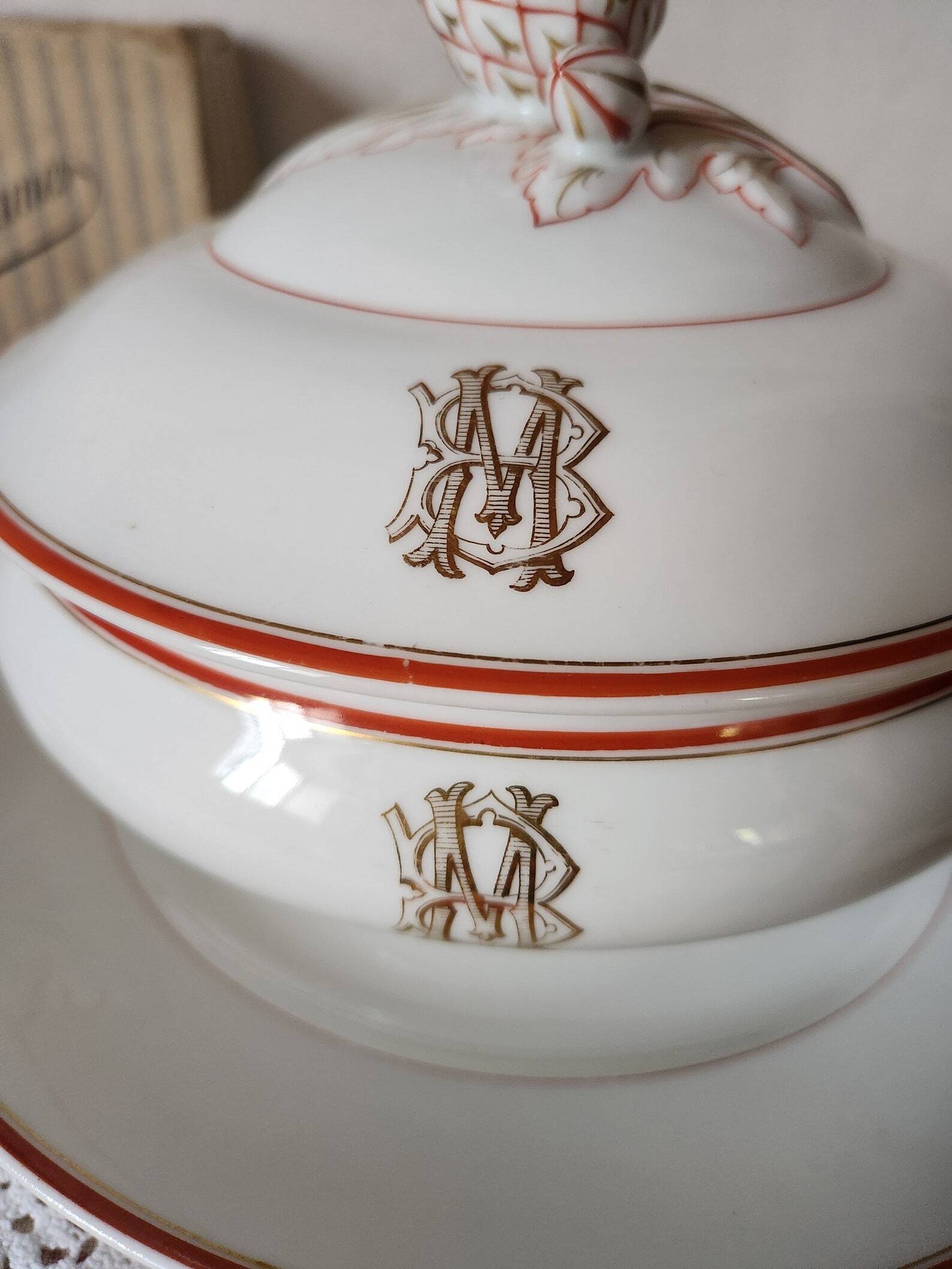 Circa 1900s Pillivuyt Gold 'BM' Monogrammed White Porcelain Soup Tureen