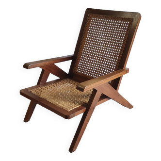 Fauteuil en bois massif et cannage - années 50