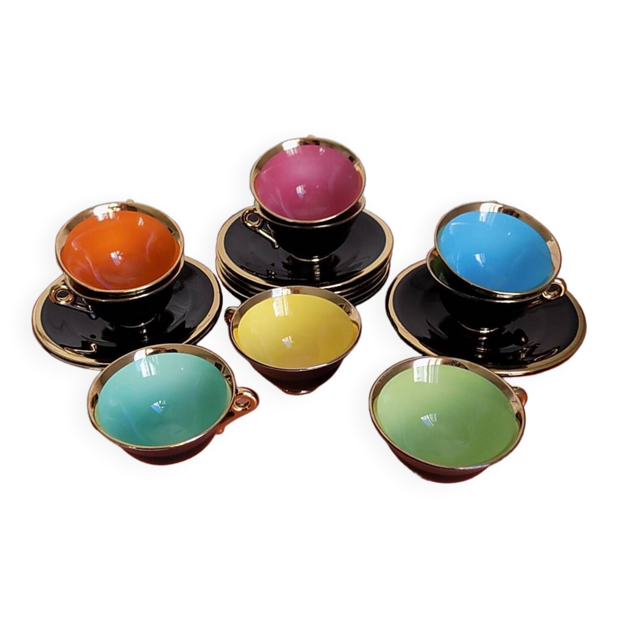 set of 9 black and gold Salins cups and saucers