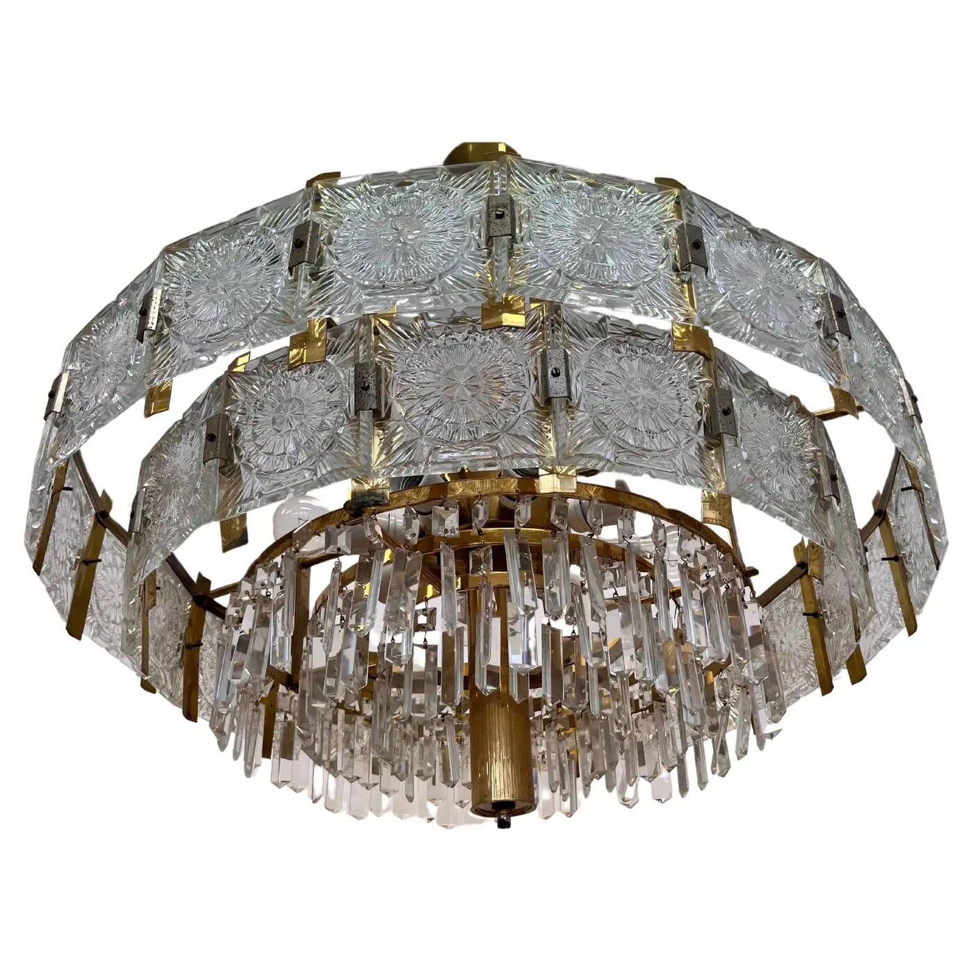 Pair of two XXL large brass and glass chandeliers by Kamenicky Senov/Preciosa, 1970s