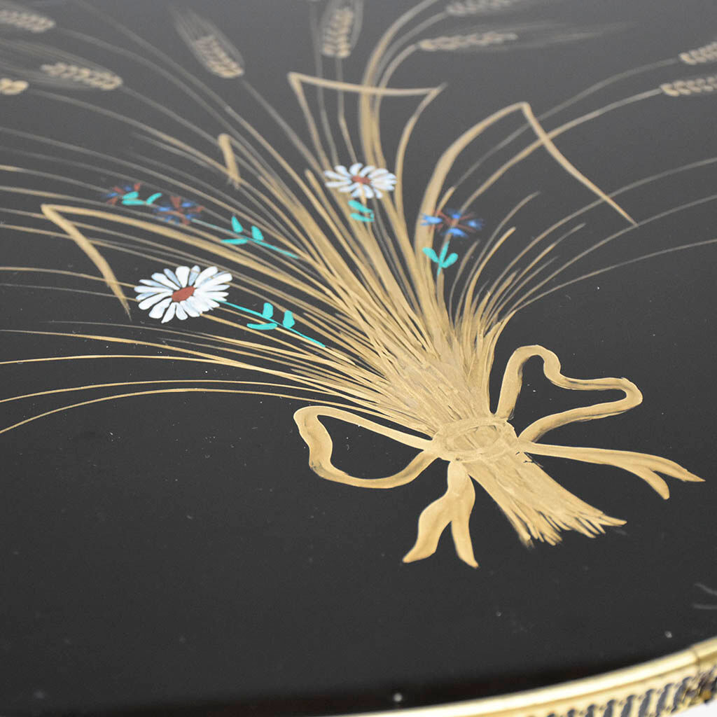 Round coffee table black glass floral brass structure D 60 cm vintage - Brocante Chic