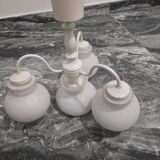 Antique vintage space age white pendant light, 4 opaline glass globes