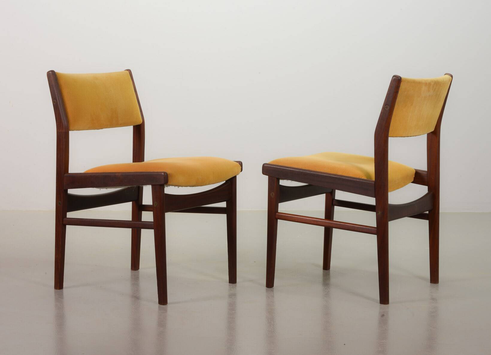 Vintage Design Teak Wooden Dining Chairs with Honey Yellow Corduroy Fabric