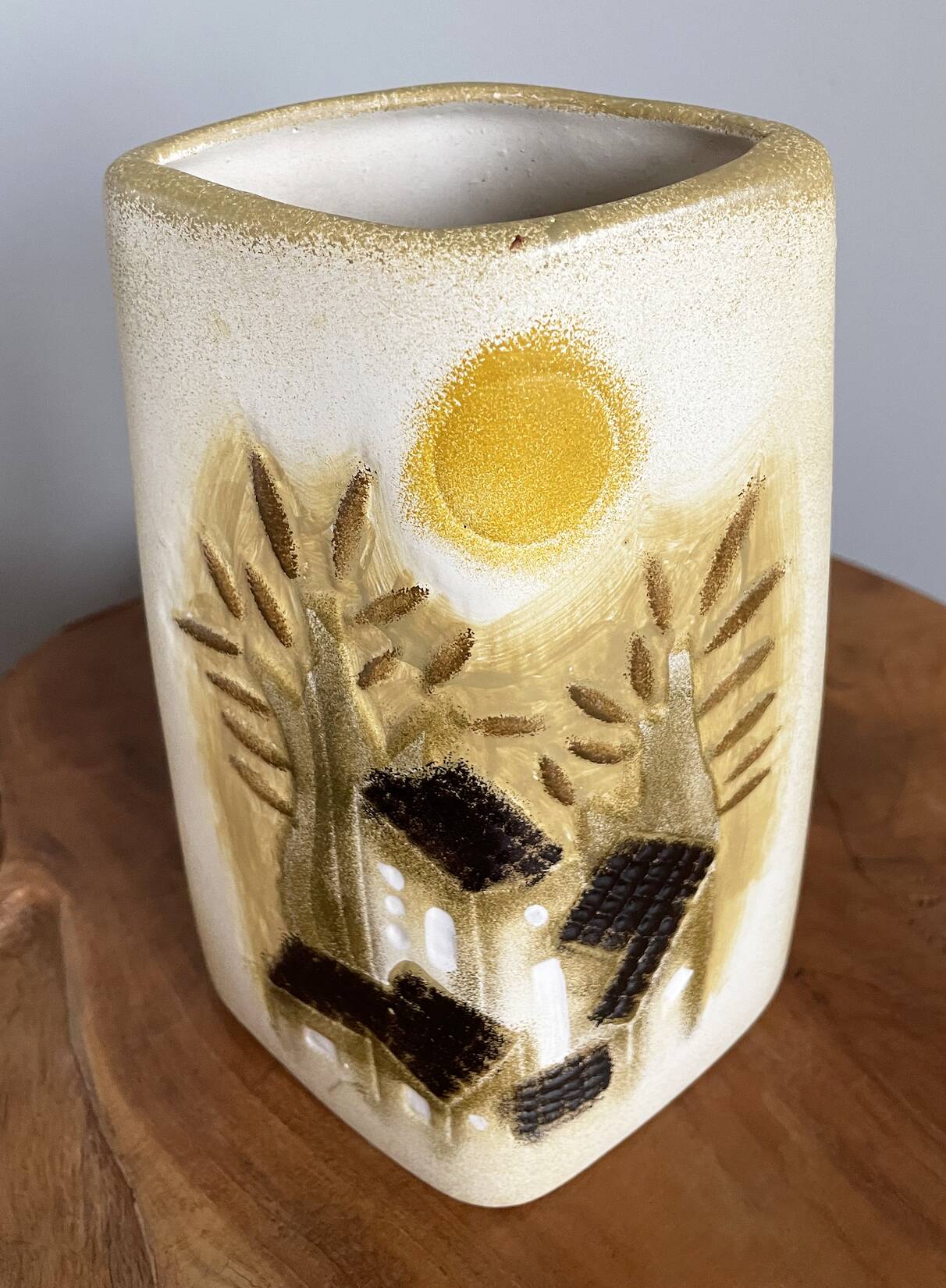 Beige-Yellow Chinese Ceramic Vase with Tactile Design Depicting Houses, Sun, Trees and Countryside
