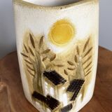 Beige-Yellow Chinese Ceramic Vase with Tactile Design Depicting Houses, Sun, Trees and Countryside