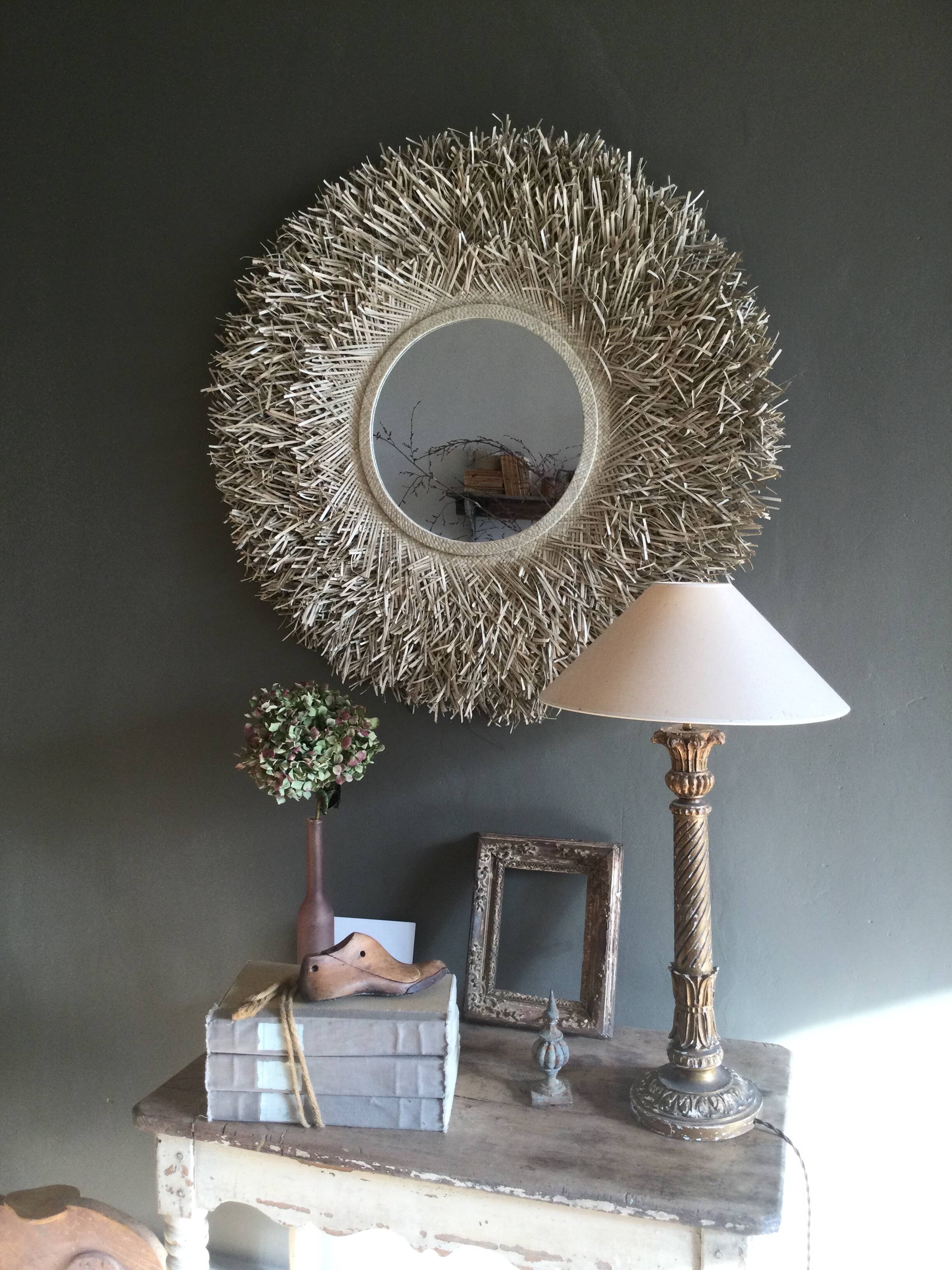 Large round straw mirror