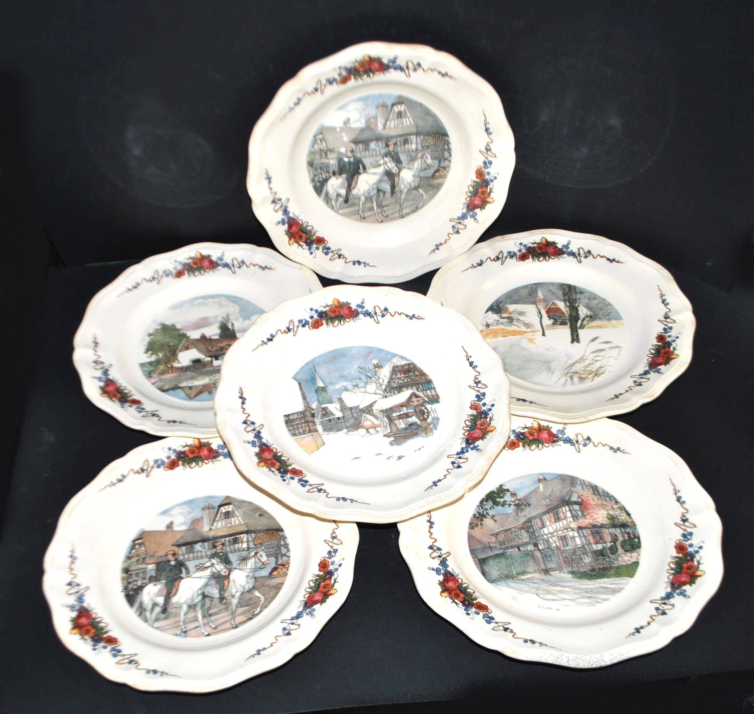 Sarreguemines set of 6 flat plates Obernai village Alsace by Loux