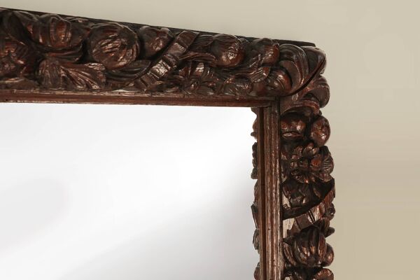 Rare grand miroir ancien en chêne sculpté à la main de style baroque ou rococo, France c