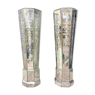 Pair of 70s Venetian Mirrored Columns or Bases, 20th Century.