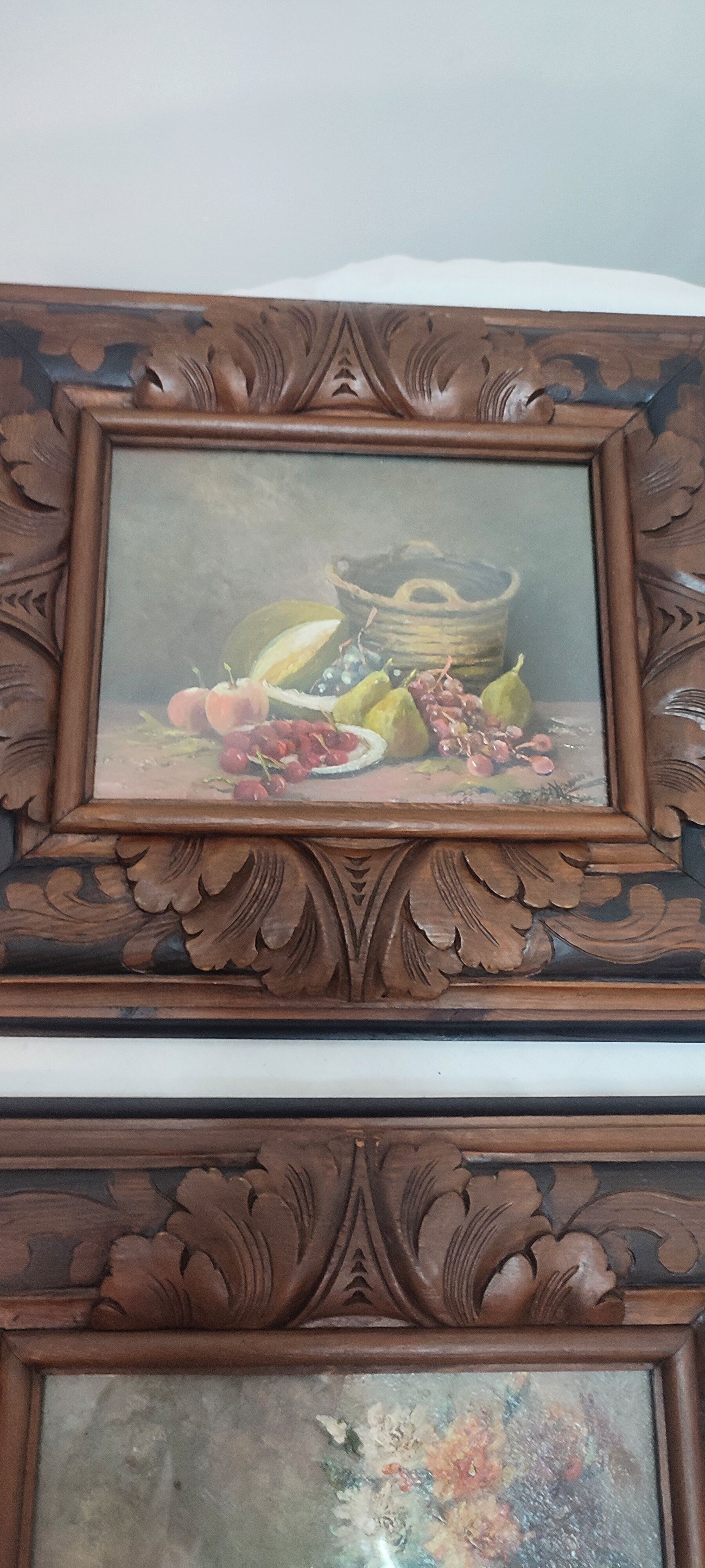 Pair of oils on cardboard with carved wooden frame. Spain 1950s.