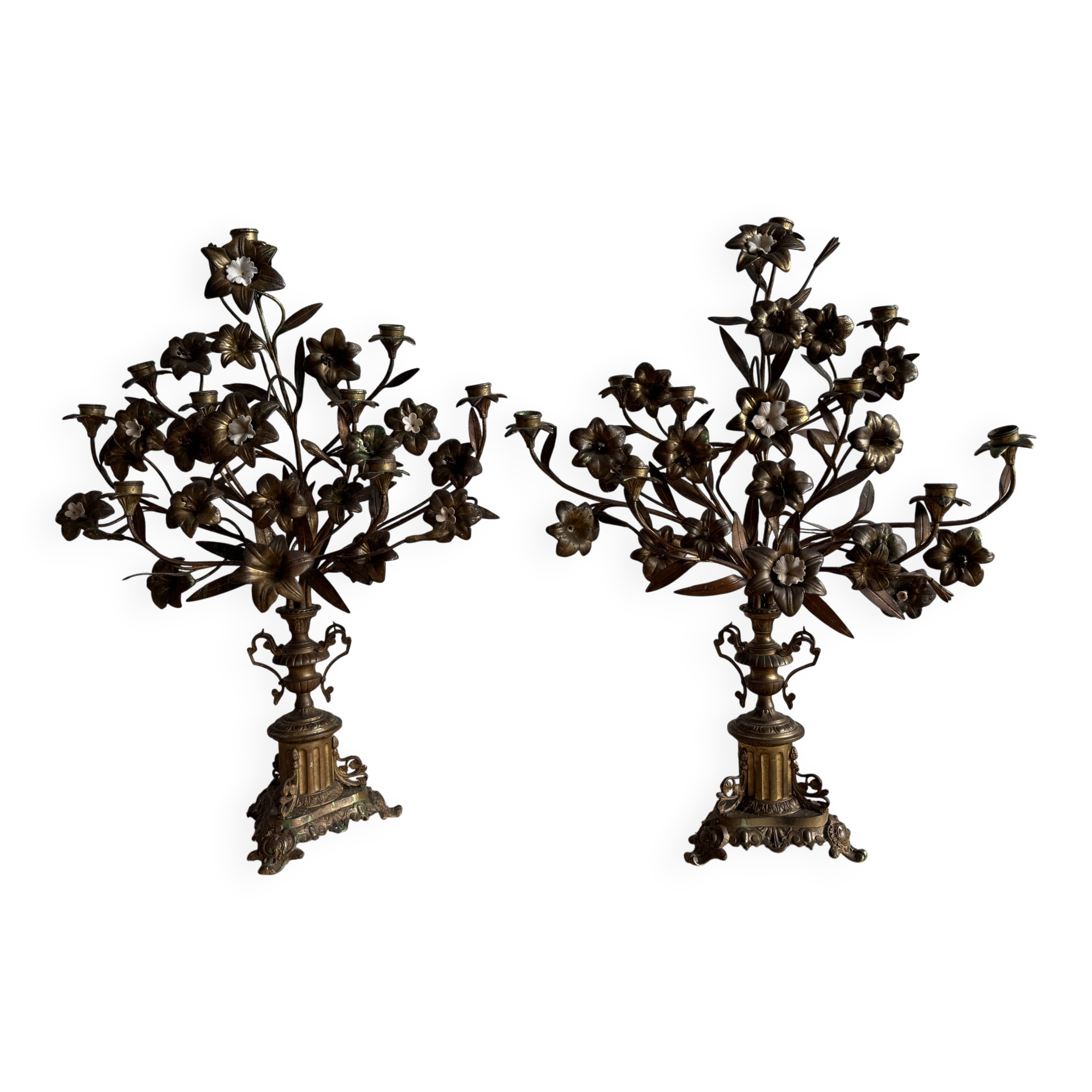 Pair of large 9-light altar candelabra, 19th century, in bronze and brass