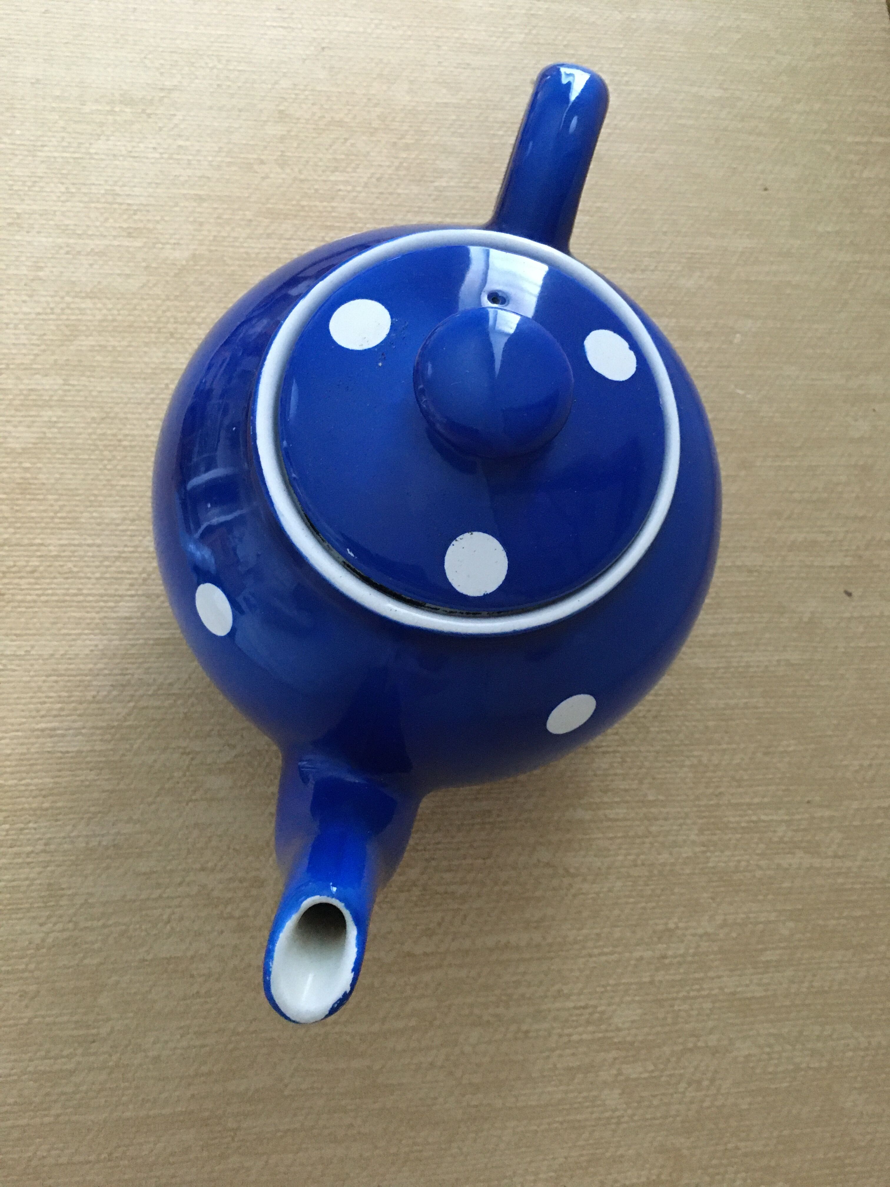 Blue teapot with white polka dots 1957