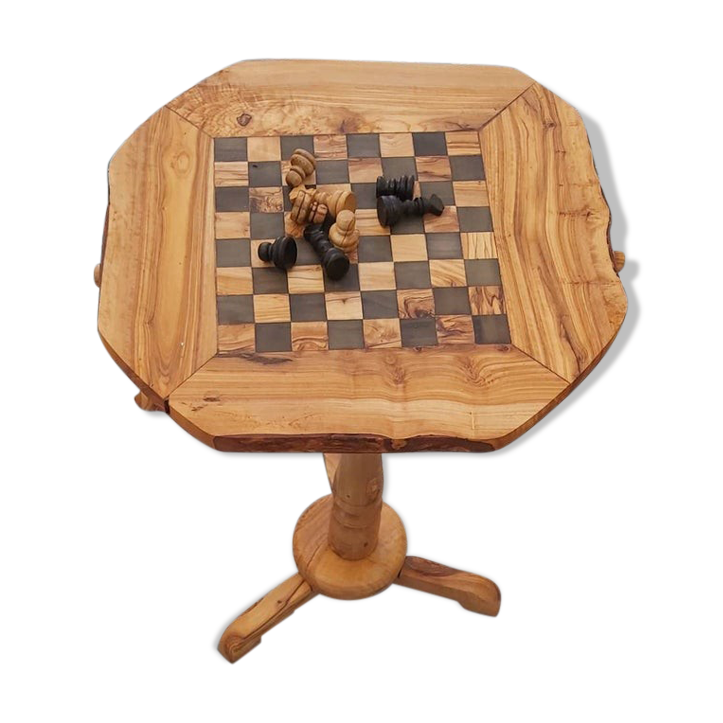 Chess table, with rustic chess board drawers in olive wood