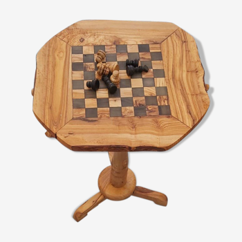 Chess table, with rustic chess board drawers in olive wood