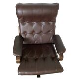 Scandinavian tilting and swivel armchair in curved wood and leather
