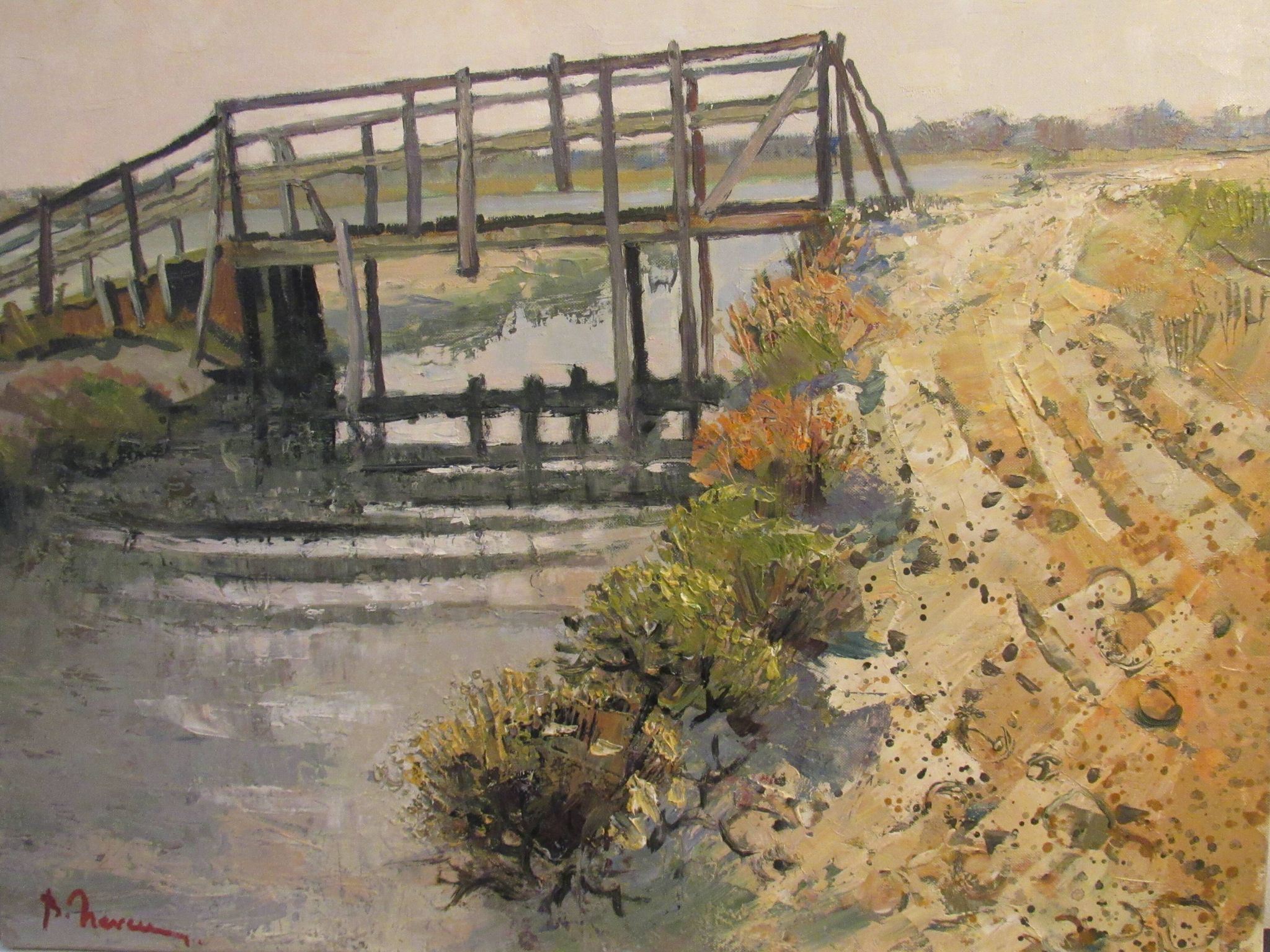 Oil on canvas, wooden Bridge in Camargue, signed