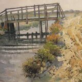 Oil on canvas, wooden Bridge in Camargue, signed