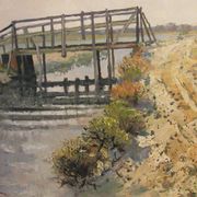 Oil on canvas, wooden Bridge in Camargue, signed